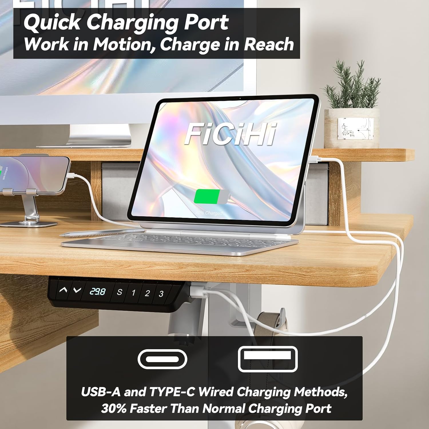 FiCiHi Adjustable Height Standing Desk with 4 Drawers,55 x 30 inches Electric Sit Stand Home Office Desk with Two Tiers, 3 Memory Presets, Monitor Stand Riser, USB A/C Charging Port
