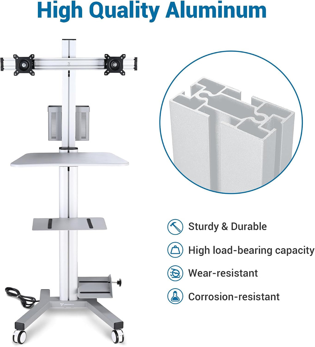 AW 32' Mobile PC Stand Workstation, Height Adjustable Dual Monitor Mount, Rolling Computer Cart on Wheels, ANSI/BIFMA X5.5-2021 Certificated Silver