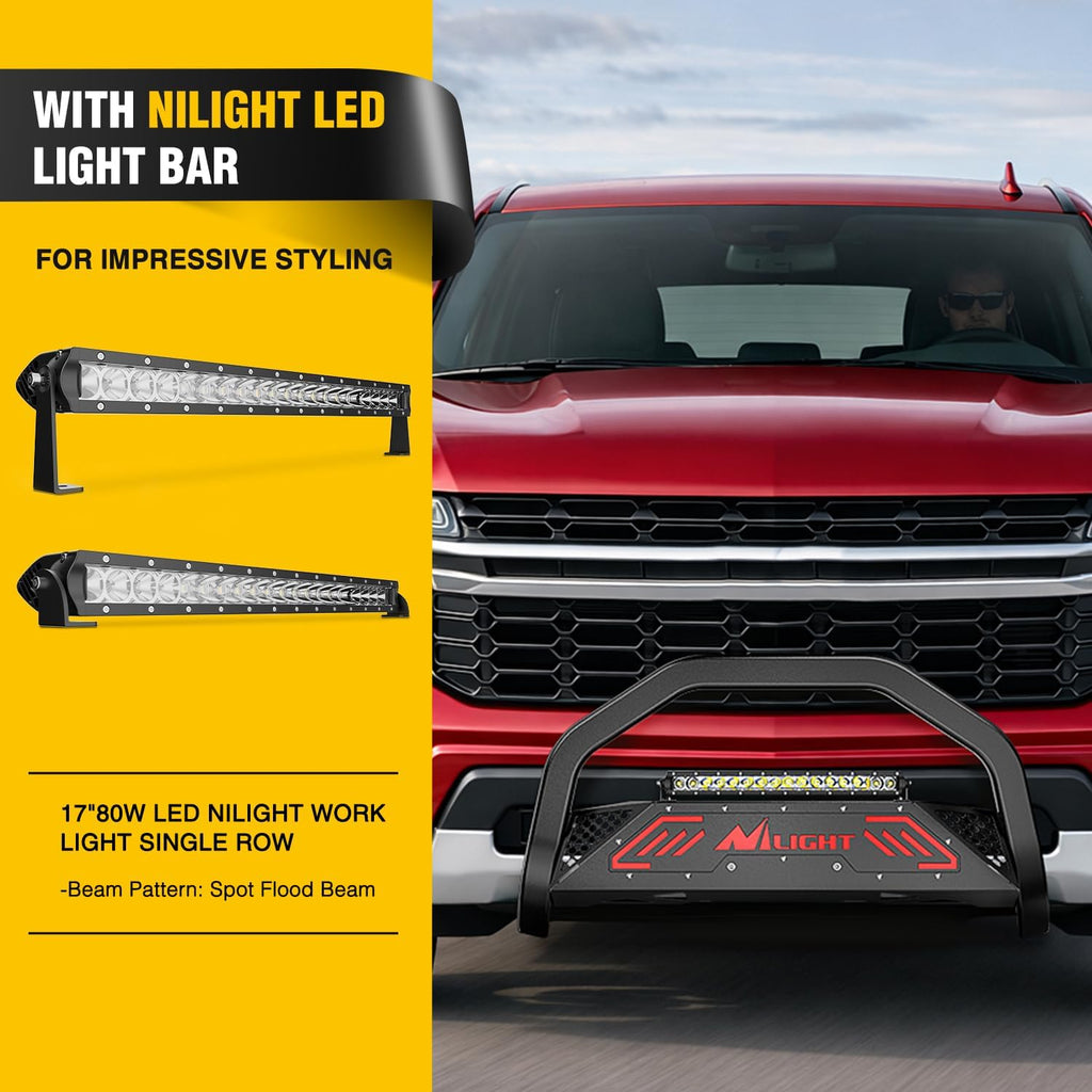Nilight Bull Bar with Light fits 2021-2024 Chevy Tahoe/Suburban（Excl. High Country Trim Front Bumper Grille Brush Push Guard with Skid Plate Licence Plate Hole Black