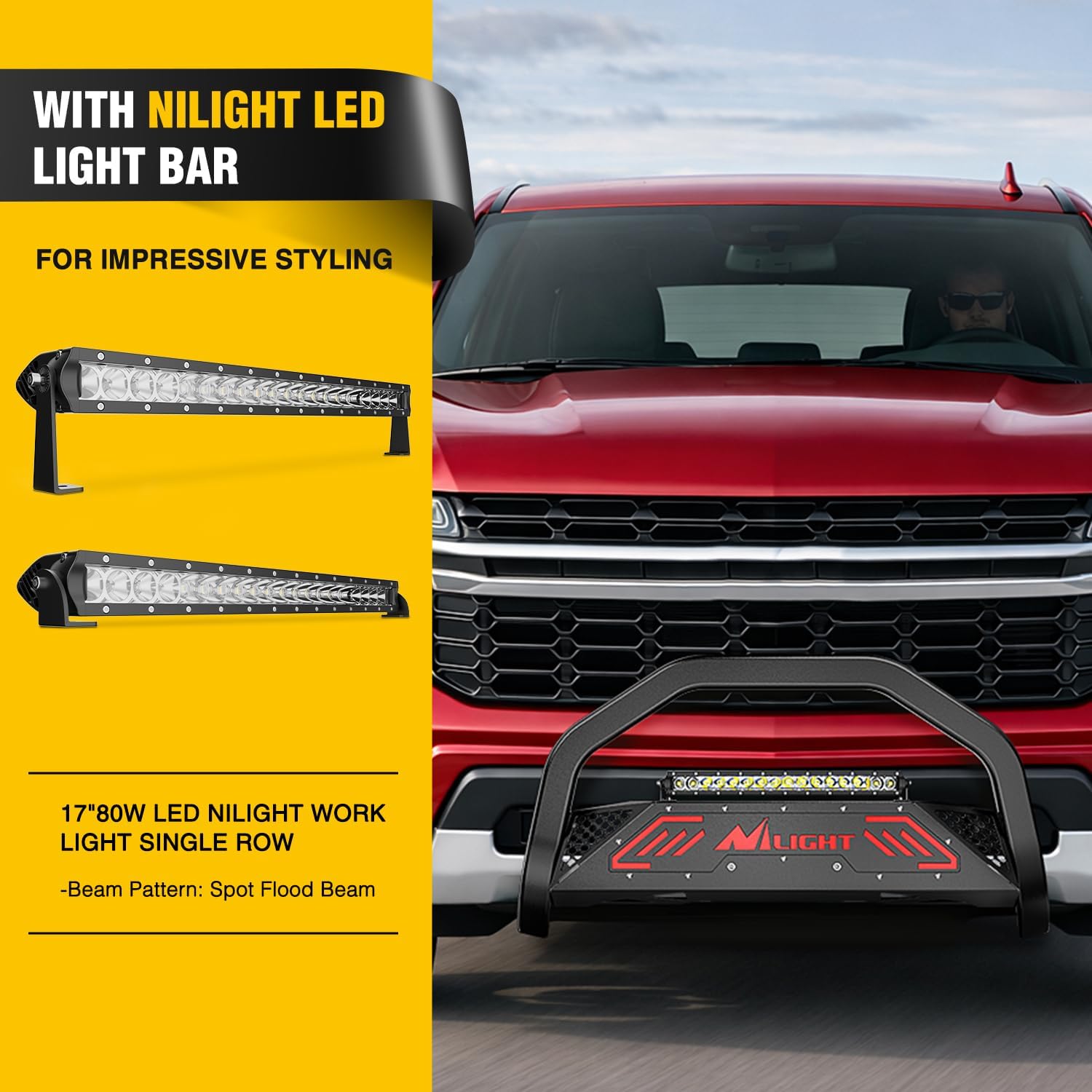 Nilight Bull Bar with Light fits 2021-2024 Chevy Tahoe/Suburban（Excl. High Country Trim Front Bumper Grille Brush Push Guard with Skid Plate Licence Plate Hole Black