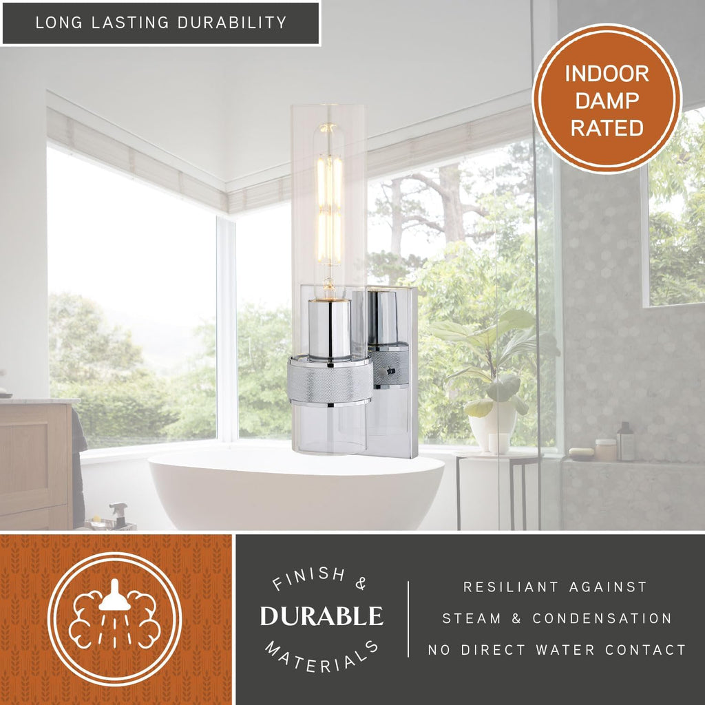 VAXCEL Bari 1 Light Bathroom Lighting Fixture with Clear Glass Cylinder Shade, Chrome Finish, Contemporary Modern Wall Sconce
