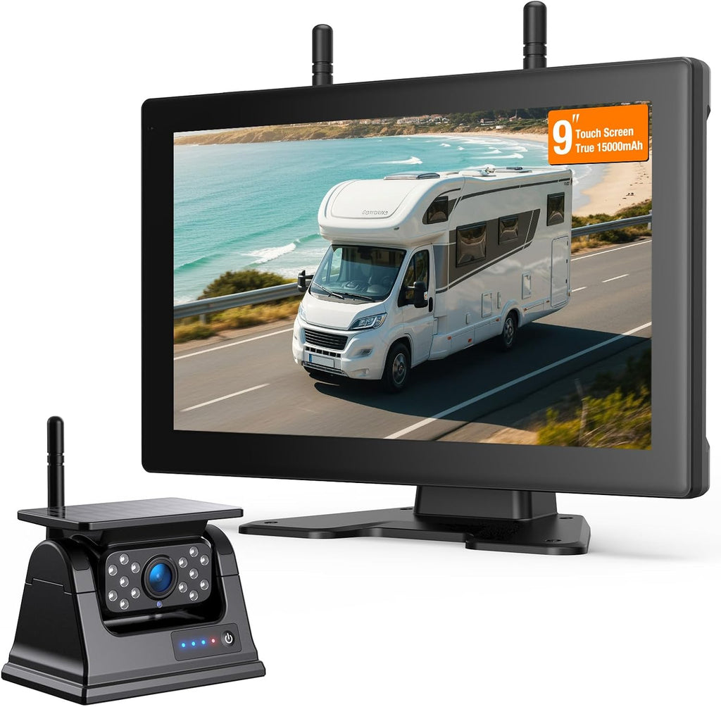 Magnetic Solar Wireless Backup Camera, 9' IPS Touchscreen Monitor HD1080P DVR Rear View Camera IP69 IR Night Vision No Wiring True 15000mAh Rechargeable Camera for RV, Trailer, Camper, Car,Truck