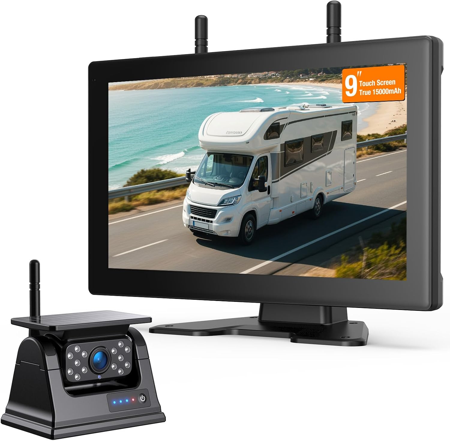 Magnetic Solar Wireless Backup Camera, 9' IPS Touchscreen Monitor HD1080P DVR Rear View Camera IP69 IR Night Vision No Wiring True 15000mAh Rechargeable Camera for RV, Trailer, Camper, Car,Truck