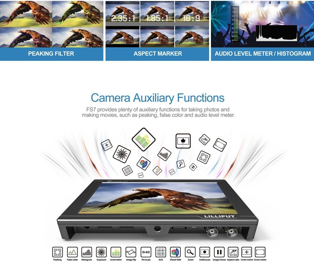 LILLIPUT FS7 7' Full HD Camera Monitor with 3G-SDI and 4K HDMI Metal Housing High Resolution F970 Plate for Camcorder DSLR