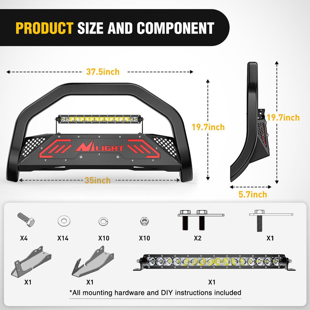 Nilight Bull Bar with Light fits 2021-2024 Chevy Tahoe/Suburban（Excl. High Country Trim Front Bumper Grille Brush Push Guard with Skid Plate Licence Plate Hole Black