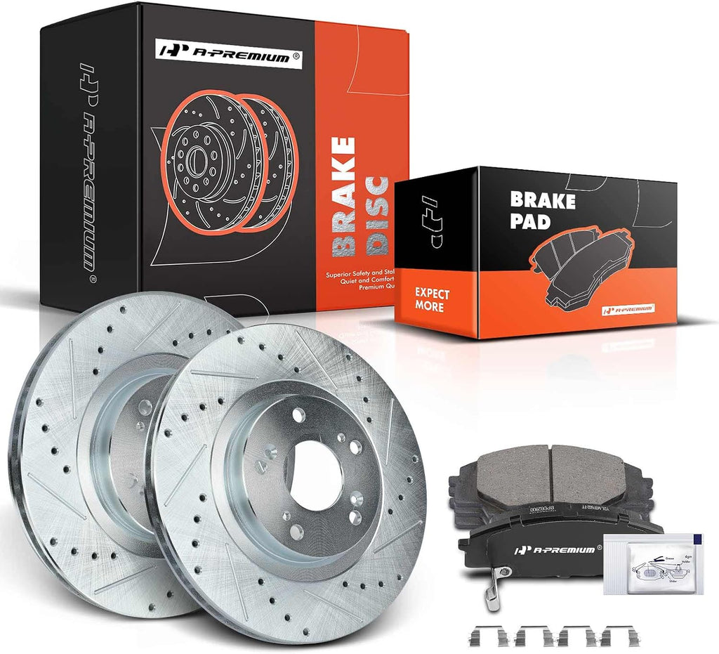 A-Premium 11.81 inch (300mm) Front Drilled and Slotted Disc Brake Rotors + Ceramic Pads Kit Compatible with Select Honda and Acura Models - Civic 2006-2011, CSX 2007-2010, RSX 2002-2006, 2.0L 6-PC Set