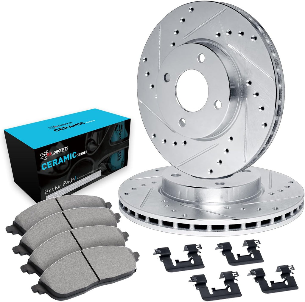 R1 Concepts Front Brake Kit Fits 2003-2005 Honda Civic Hybrid Sedan; 2007-2008 Honda Fit; 2007-2008 Honda Fit USA/CANADA| Ceramic Pads, Drilled Slotted Rotors| Hardware| 10.3' Front