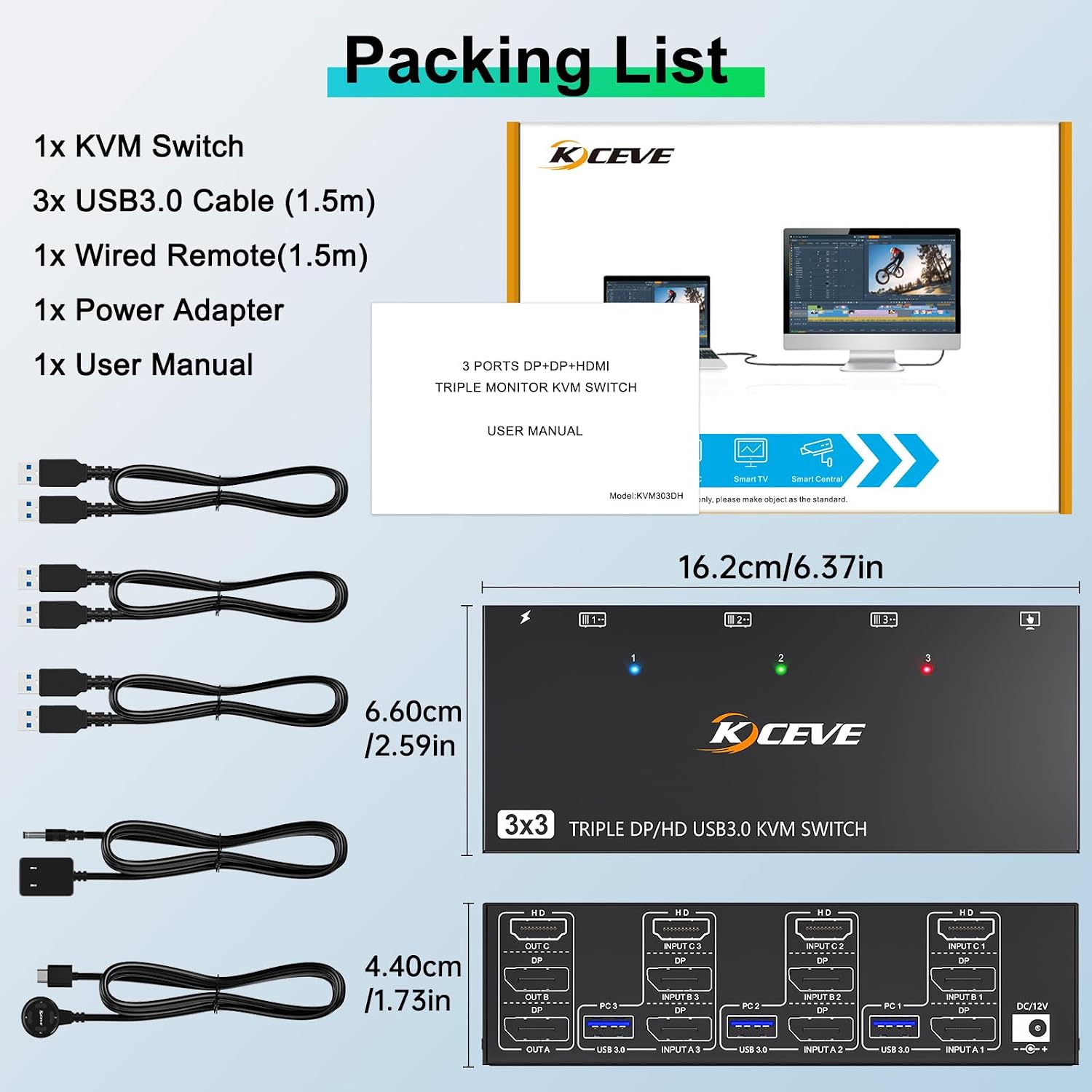 KVM Switch 3 Monitors 3 Computers 8K@60Hz, MLEEDA HDMI + 2* Displayport Triple Monitor KVM Switch with 4 USB 3.0 Ports for Keyboard Mouse Printer, Wired Remote and Power Adapter Included