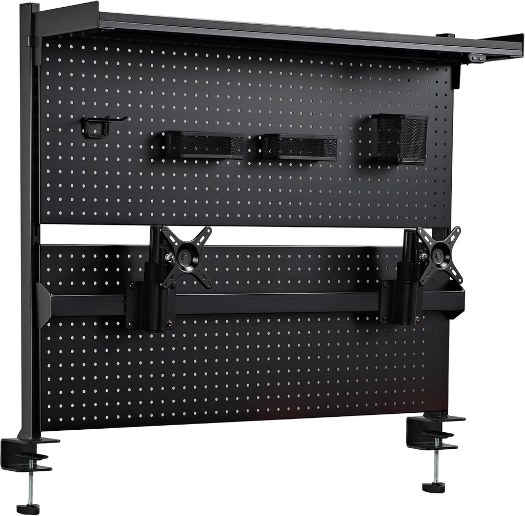EUREKA ERGONOMIC Metal Pegboard, 43x34inch Clam on Desk Pegboard with Dual Monitor Stand, Garage Pegboard with 4 Accessories, Desk Shelves for Tool organizer, Office, Gaming Desk, Workbench, Black