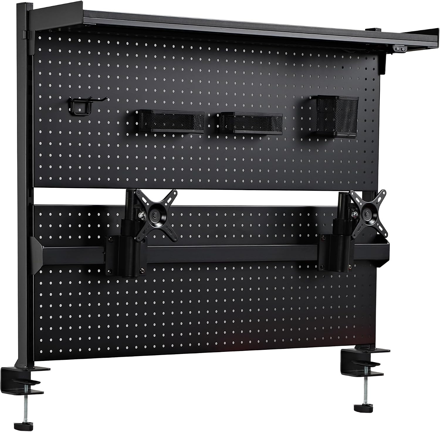 EUREKA ERGONOMIC Metal Pegboard, 43x34inch Clam on Desk Pegboard with Dual Monitor Stand, Garage Pegboard with 4 Accessories, Desk Shelves for Tool organizer, Office, Gaming Desk, Workbench, Black