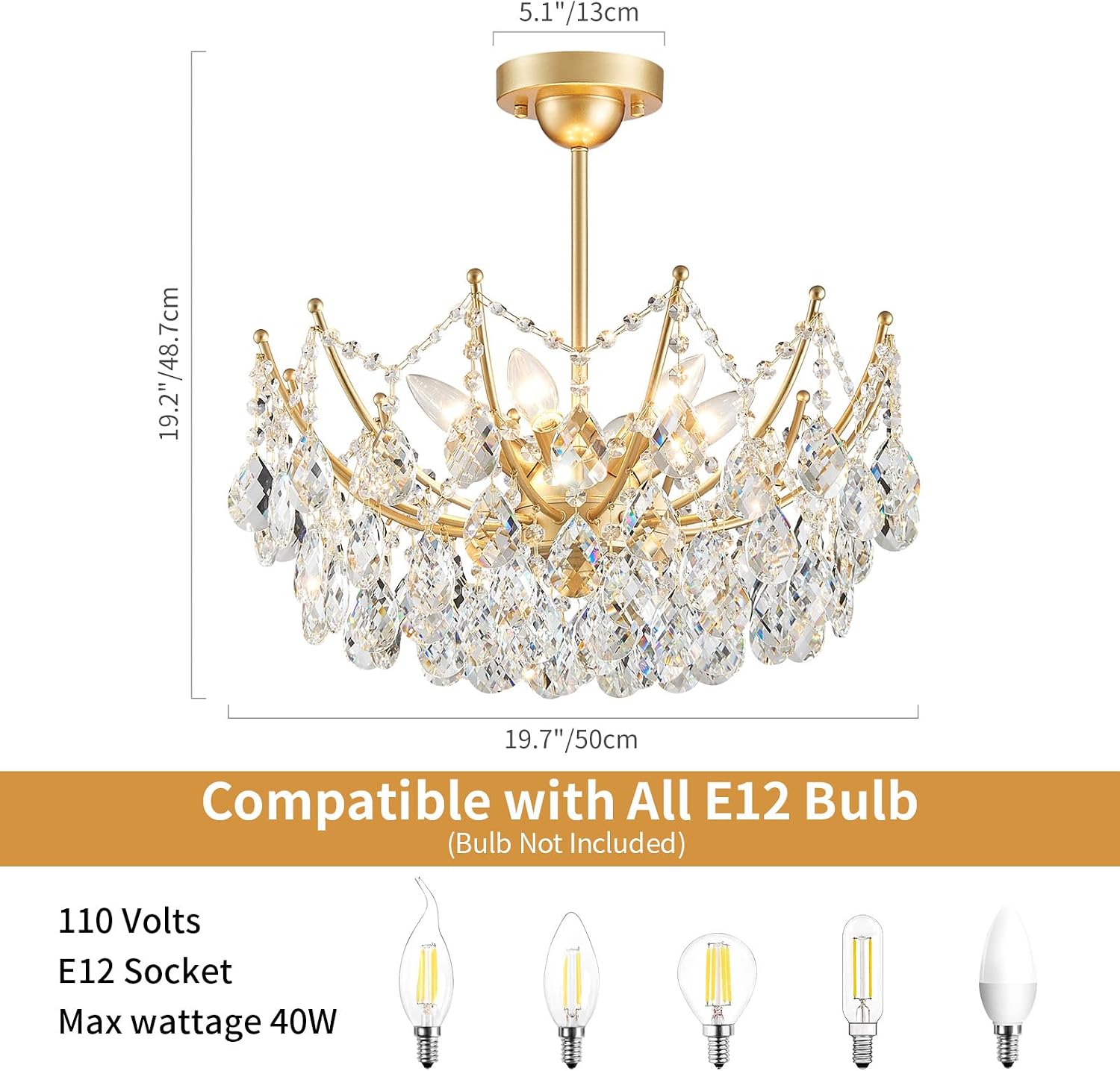 ANJIADENGSHI Crystal Chandelier Ceiling Light, Modern Semi Flush Mount Ceiling Light Fixture, Gold Hallway Lighting Fixtures Chandelier for Bedroom Bathroom Entryway Kitchen
