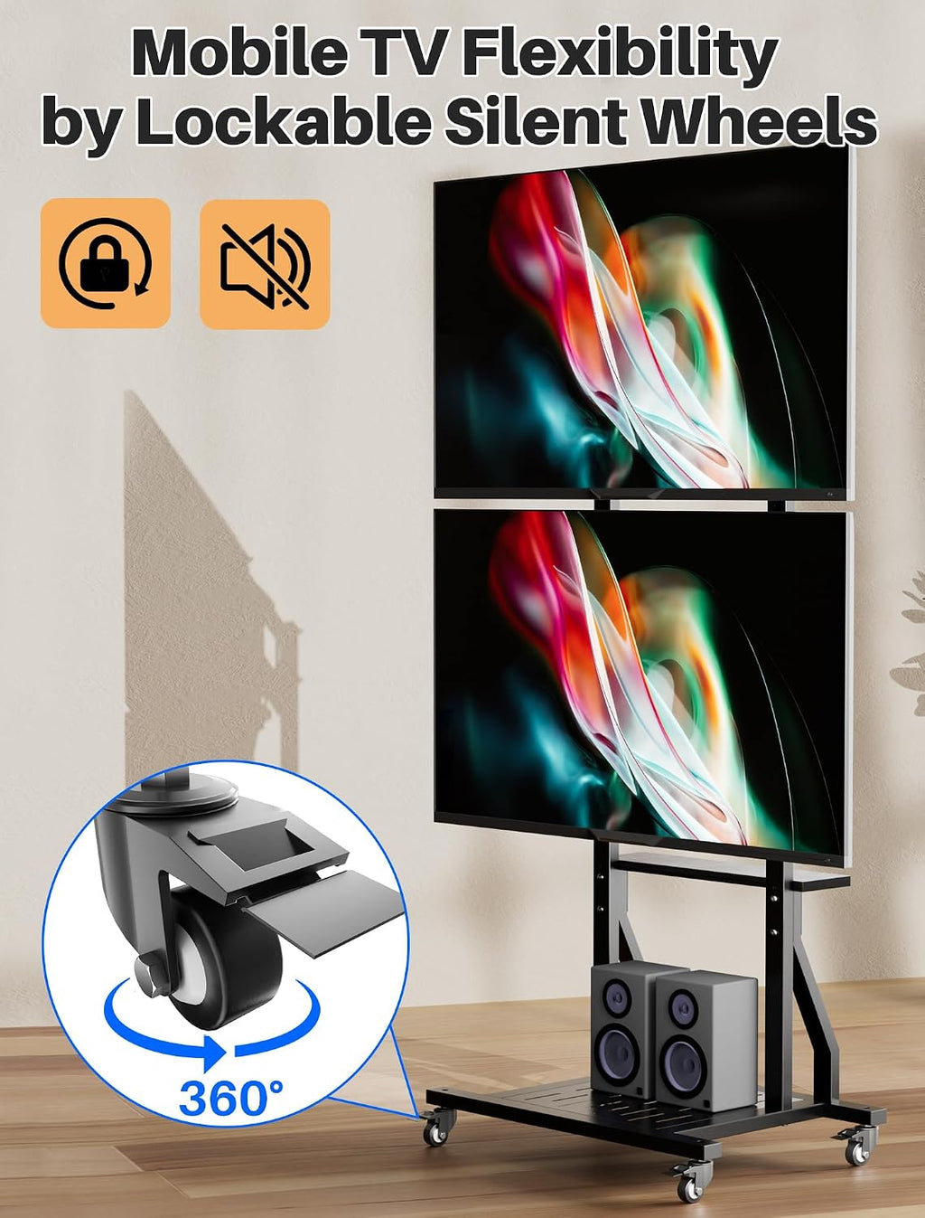 Mobile Dual TV Stand,Rolling TV Cart for 2 TVs with Table and Storage Space,Tilt TV Mount Floor Stand with Locking Wheels, Max VESA 600x400,Hold up to 132 lbs
