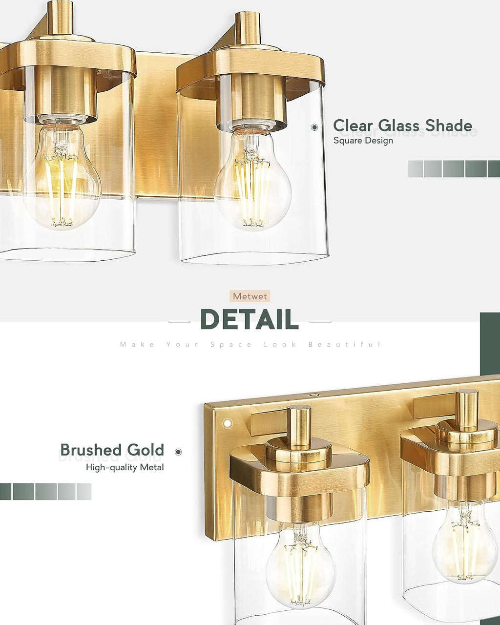 Bathroom Light Fixtures, 25' Brushed Gold Vanity Light, 4-Light Modern Wall Sconces with Square Clear Glass Shade, Vanity Lighting Fixtures Over Mirror, VL194-BG-4