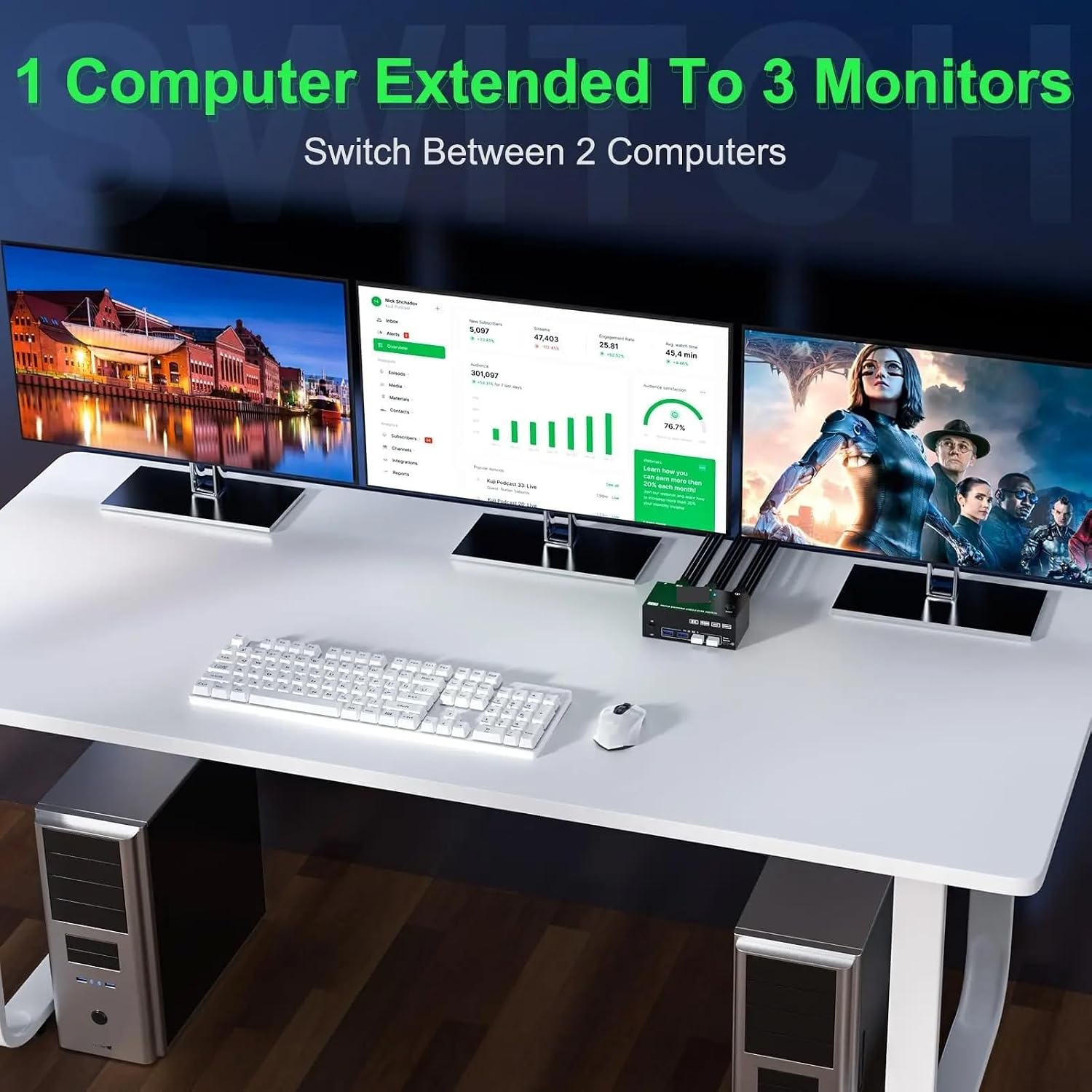 8K USB 3.0 KVM Switcher,2 Input 3 Output 3 Monitors 2 Computers Switch Support 8K@30Hz 4K@144Hz USB 3.0 Displayport for 2 PC(AU Power Plug)