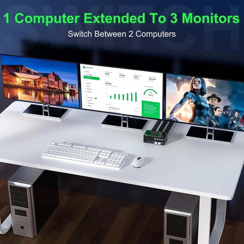 8K USB 3.0 KVM Switcher,2 Input 3 Output 3 Monitors 2 Computers Switch Support 8K@30Hz 4K@144Hz USB 3.0 Displayport for 2 PC(EU Power Plug)