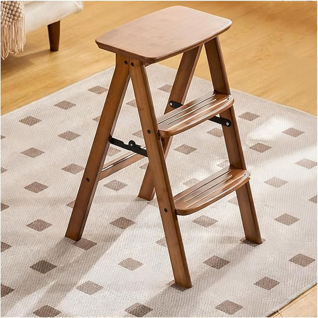 Solid Wood Folding Stool with Footrest Design Reinforced Plywood Construction Home-use Foldings Chair Triangular Load-bearing Structure Thickened Hardware Fittings Non-slip Foot Pads Rounded Edges