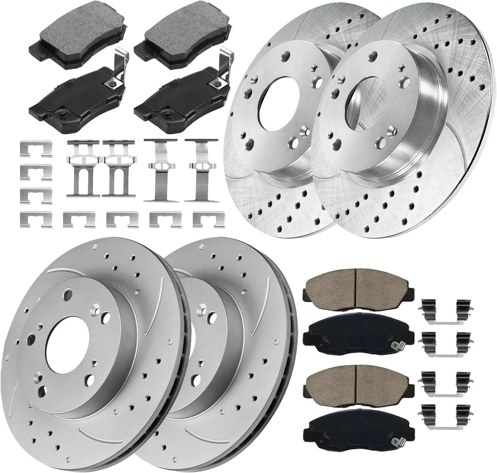 10.3' Front and 10.24' Rear Brake Kit Replacement for Honda Civic 2006 2007 2008 2009 2010 2011, Rotors and Brake Pads Front and Rear, Drilled and Slotted Brakes