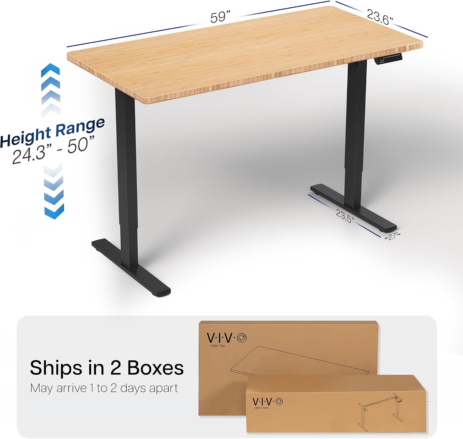 VIVO Electric 60 x 24 in Dual Motor Sit Stand Desk, Memory Height Adjustment, 2B Series, Bamboo Top Black Frame, DESK-KIT-2B6O