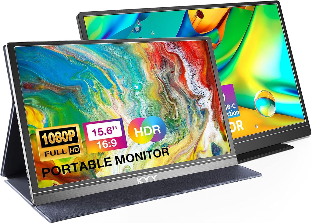 KYY 15.6'' Portable Monitor Bundle [K3 Grey & K3-2 Black] 1080P FHD USB-C Laptop Computer Display HDR IPS Gaming Monitor w/Smart Cover & Dual Speakers, for Laptop PC Phone PS4 Xbox Switch
