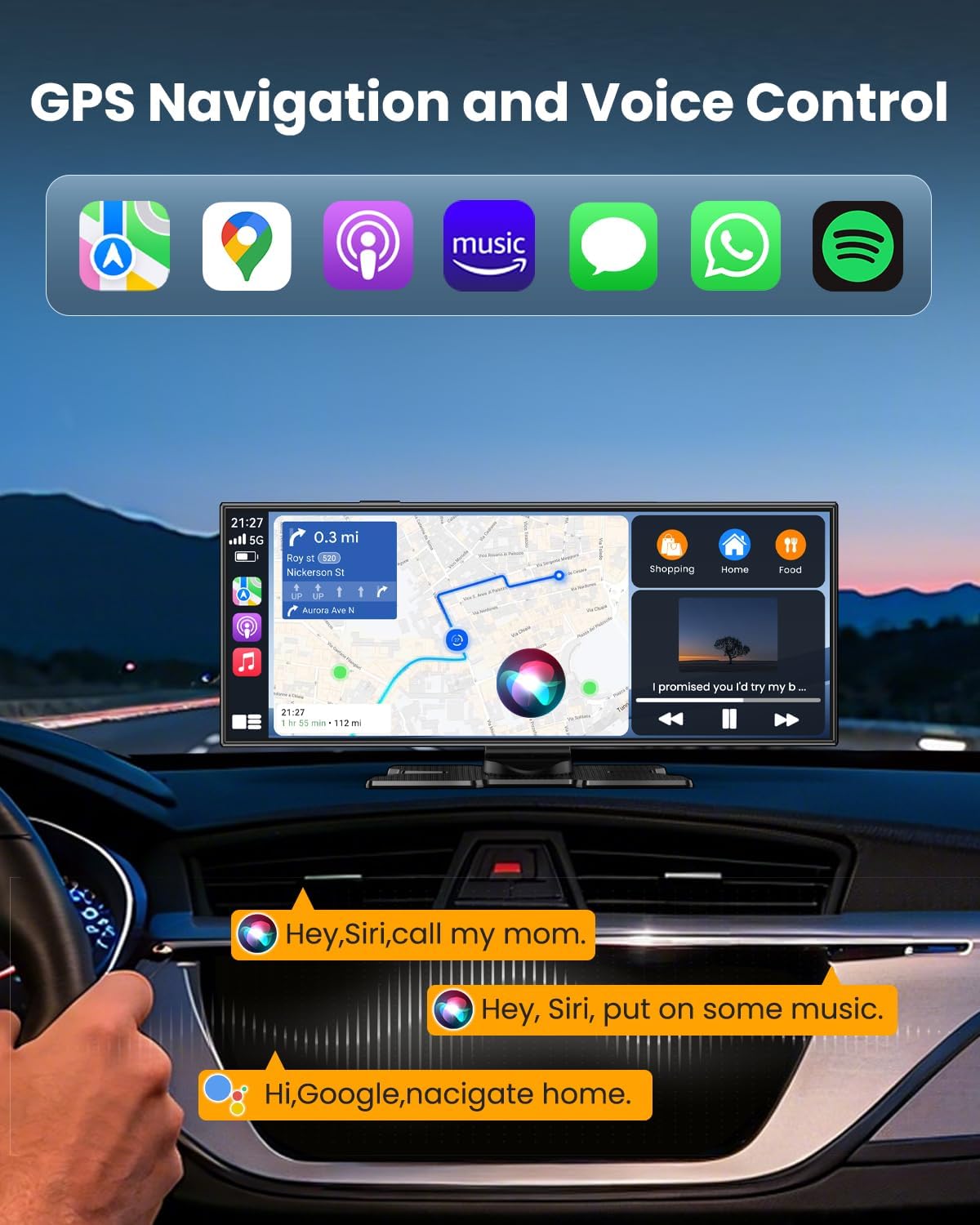 11.5' Wireless Carplay Screen for Car, Portable Apple Carplay & Android Auto Touch Screen, 4K Dash Cam/App Control/Backup Camera/Mirror Link/Voice Control/GPS/Bluetooth,for All Vehicles