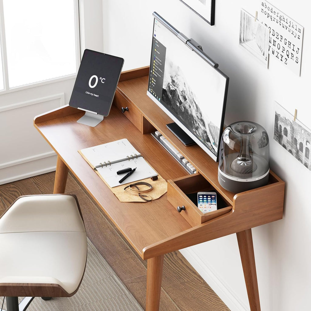 Mid Century Modern Desk, 41' Wood Home Office Writing Computer or Laptop Desk with Monitor Stand Riser and Open Storage Cubby, Vanity Desk with 2 Drawers