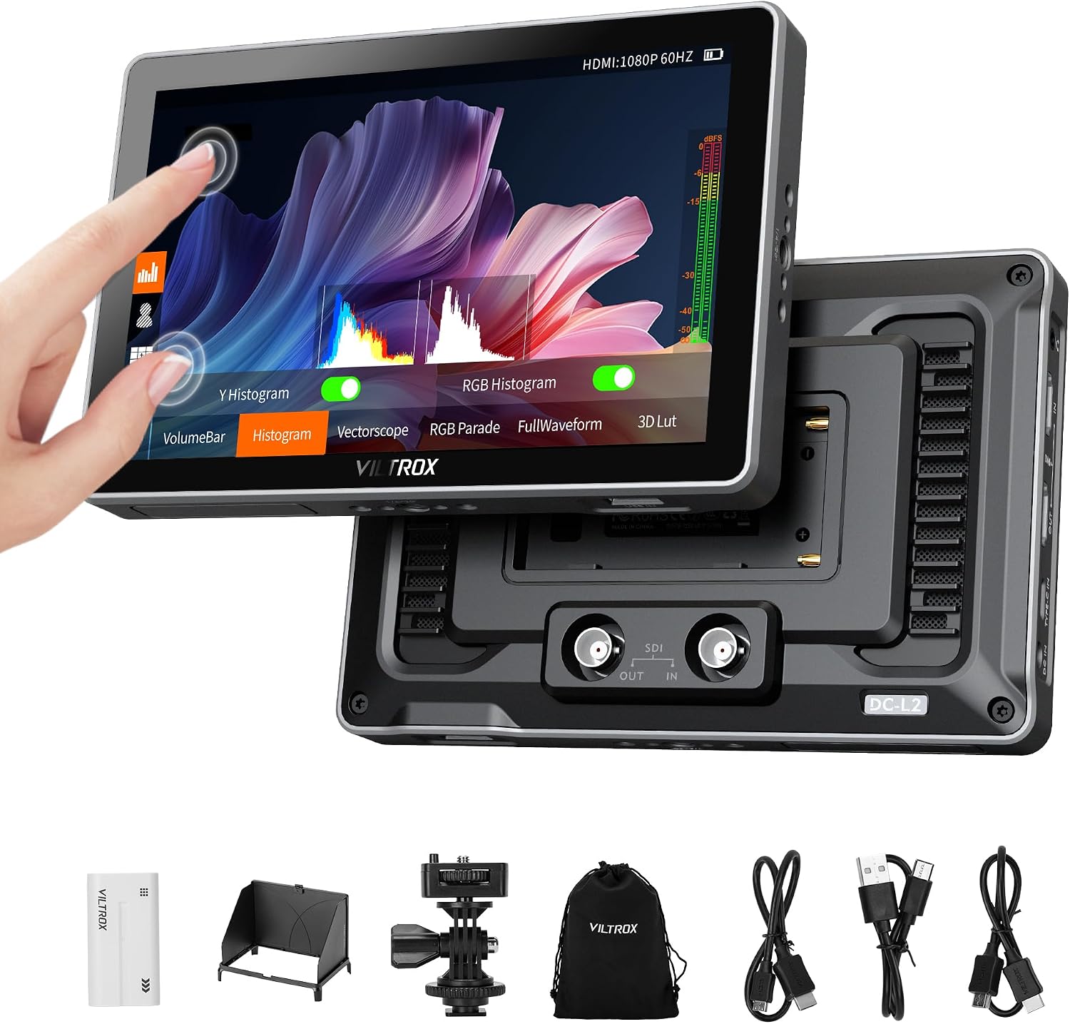 VILTROX DC-L2 7 inch SDI Camera Monitor, 1280x800 IPS HD Touch Screen Camera Field Monitor with 4K HDMI & SDI in/Out, 600 Nit, 3D LUT, Focus Peaking, Video Assist, Full Waveform, F550 Battery