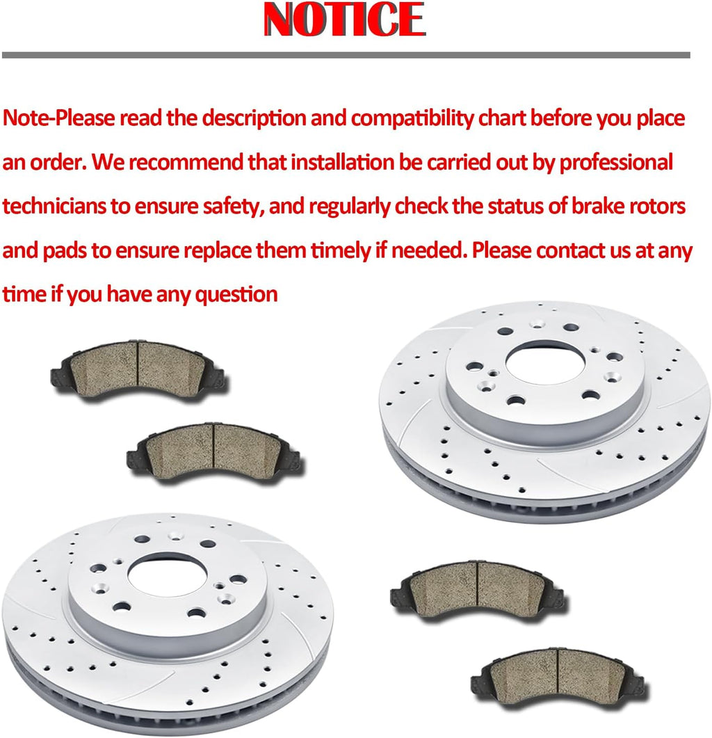 Front and Rear Disc Rotors Ceramic Brake Pads Drilled and Slotted Brake Kit Replacement for Honda Odyssey 2005-2010