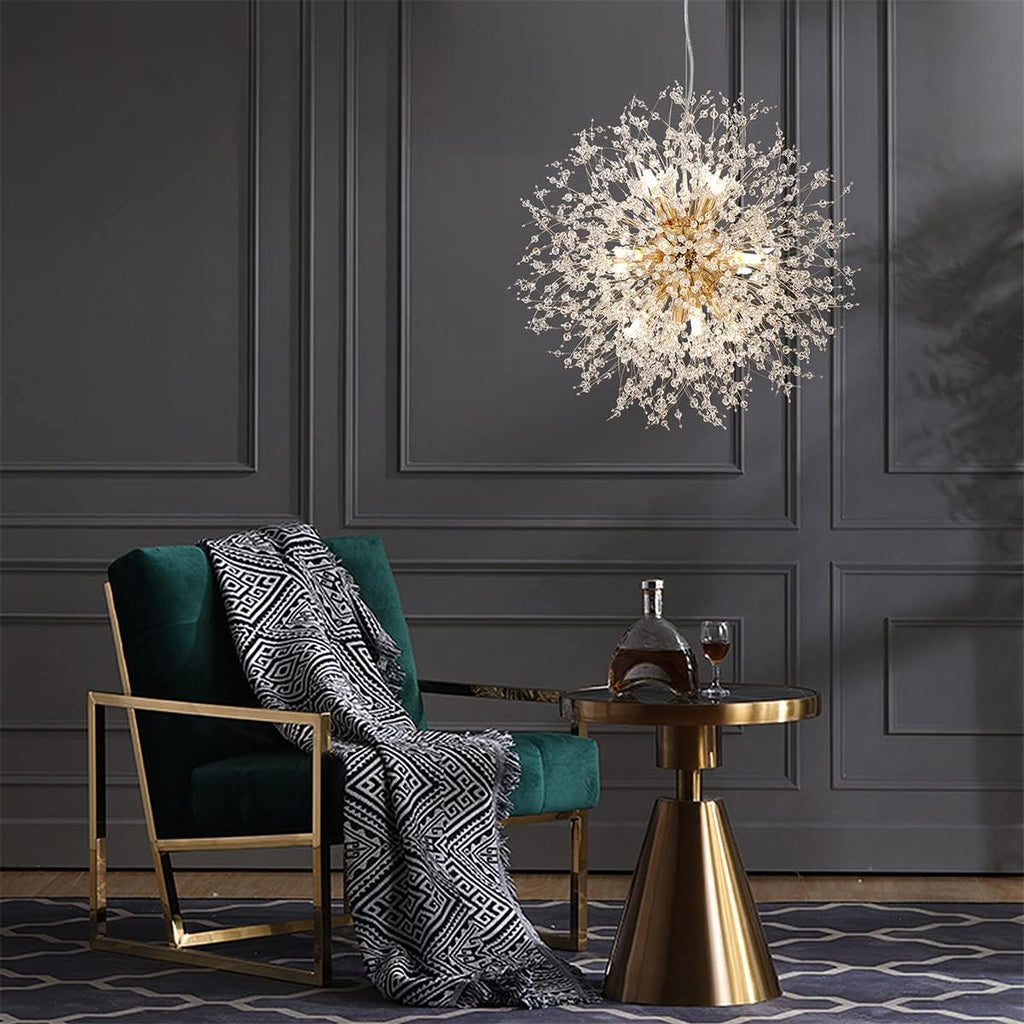 Firework Chandelier Gold, 12-Light Modern Crystal Chandelier Dandelion, 21.6' Stainless Steel Sputnik Pendant Hanging Light for Dining Room Bedroom