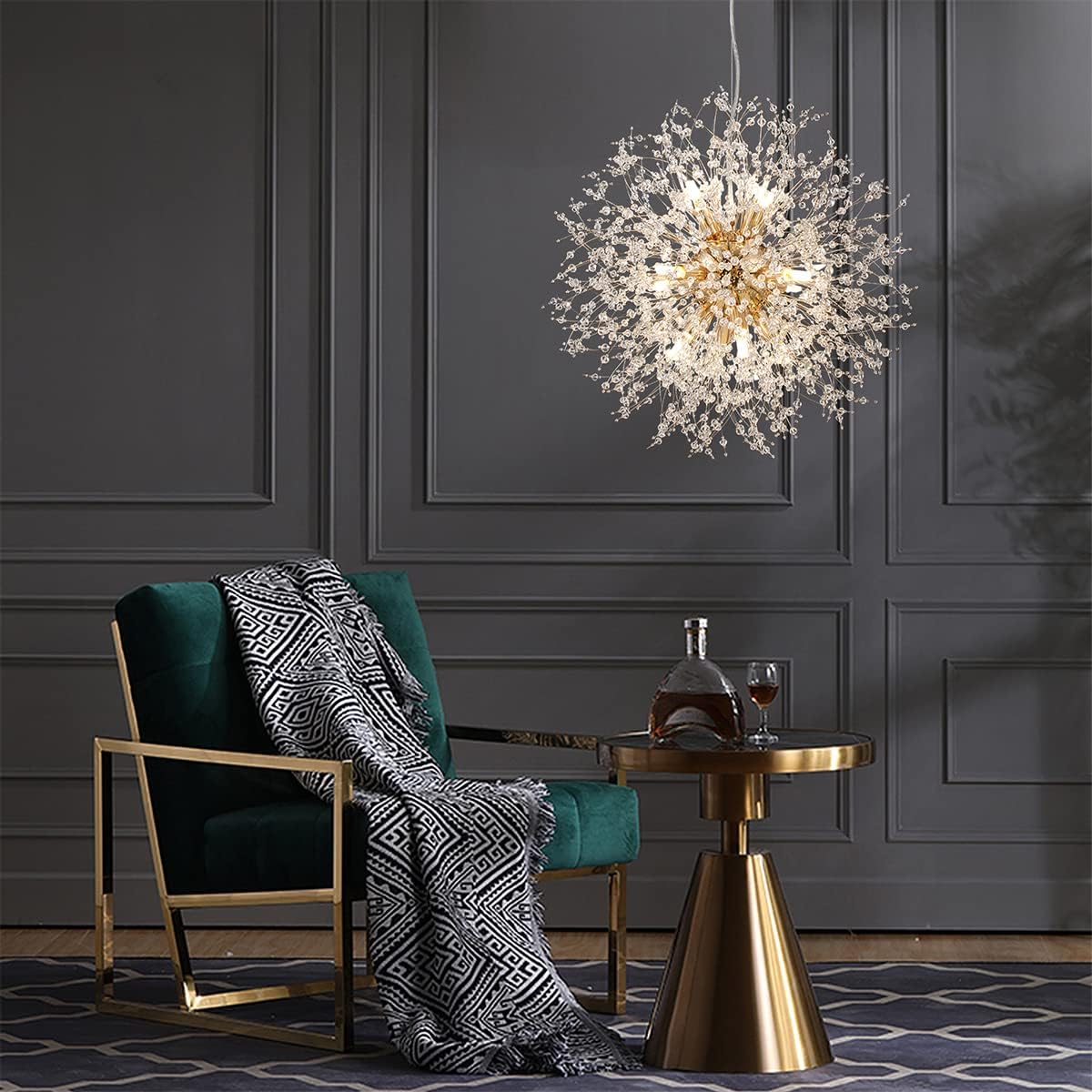 Firework Chandelier Gold, 12-Light Modern Crystal Chandelier Dandelion, 21.6' Stainless Steel Sputnik Pendant Hanging Light for Dining Room Bedroom