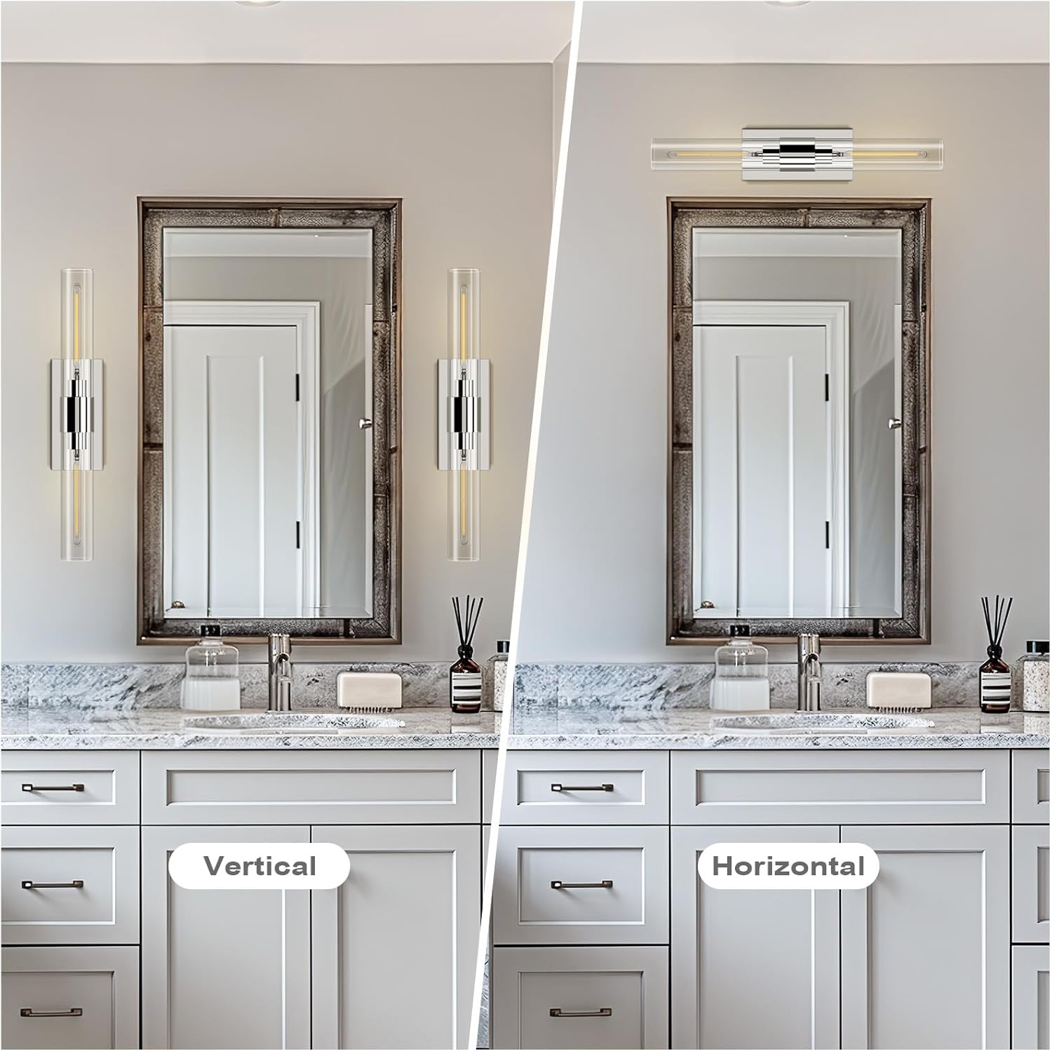 Wall Sconces Set of Two 22.8' Indoor Wall Light Fixtures, Nickel Bathroom Vanity Light Fixtures with Clear Glass, Modern Wall Lamp for Bathroom Living Room Bedroom Hallway(Bulb Included)