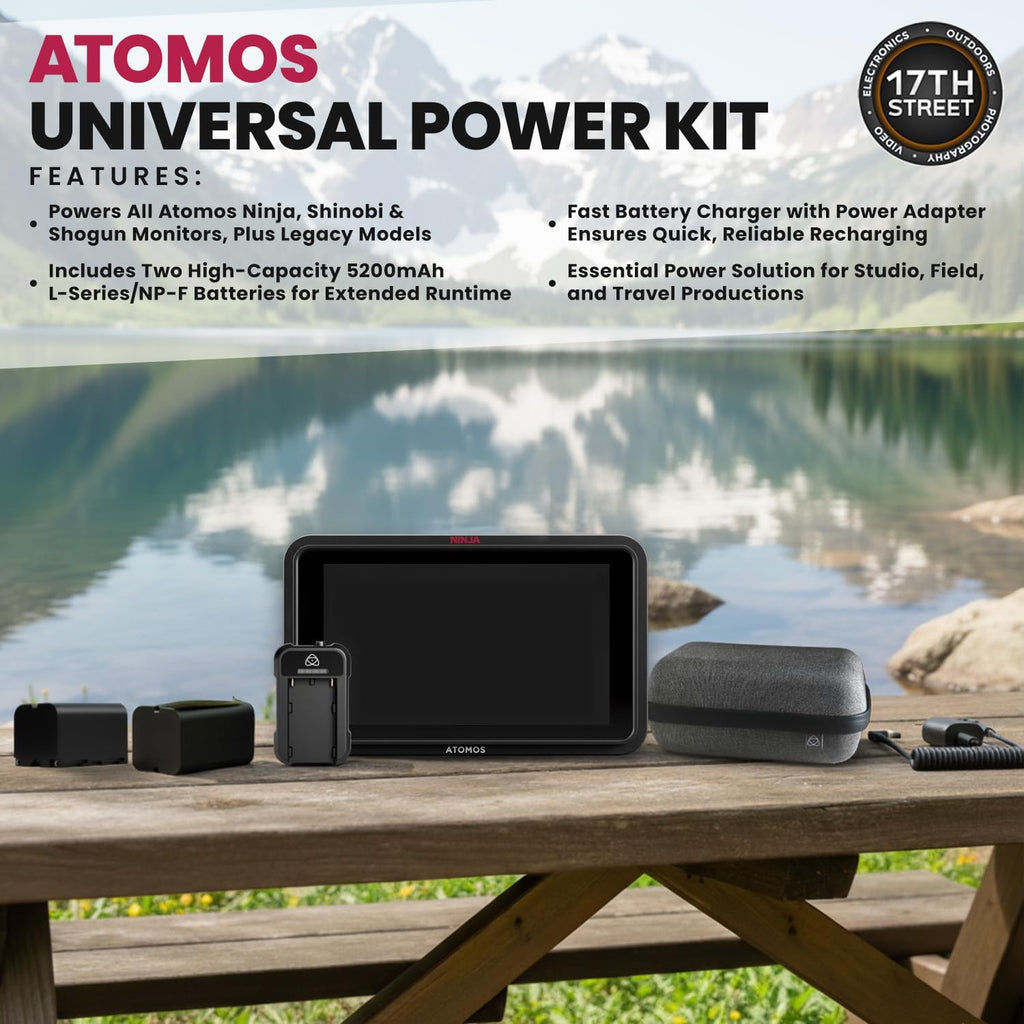 Atomos Ninja RAW Monitor/Recorder with Camera Control for HDMI & Mirrorless Cameras - 5 inch HDR Resolution with Universal Power Kit and Aluminum Alloy 1/4' Camera Hot Shoe Mount (2 Pack), Bundle Kit