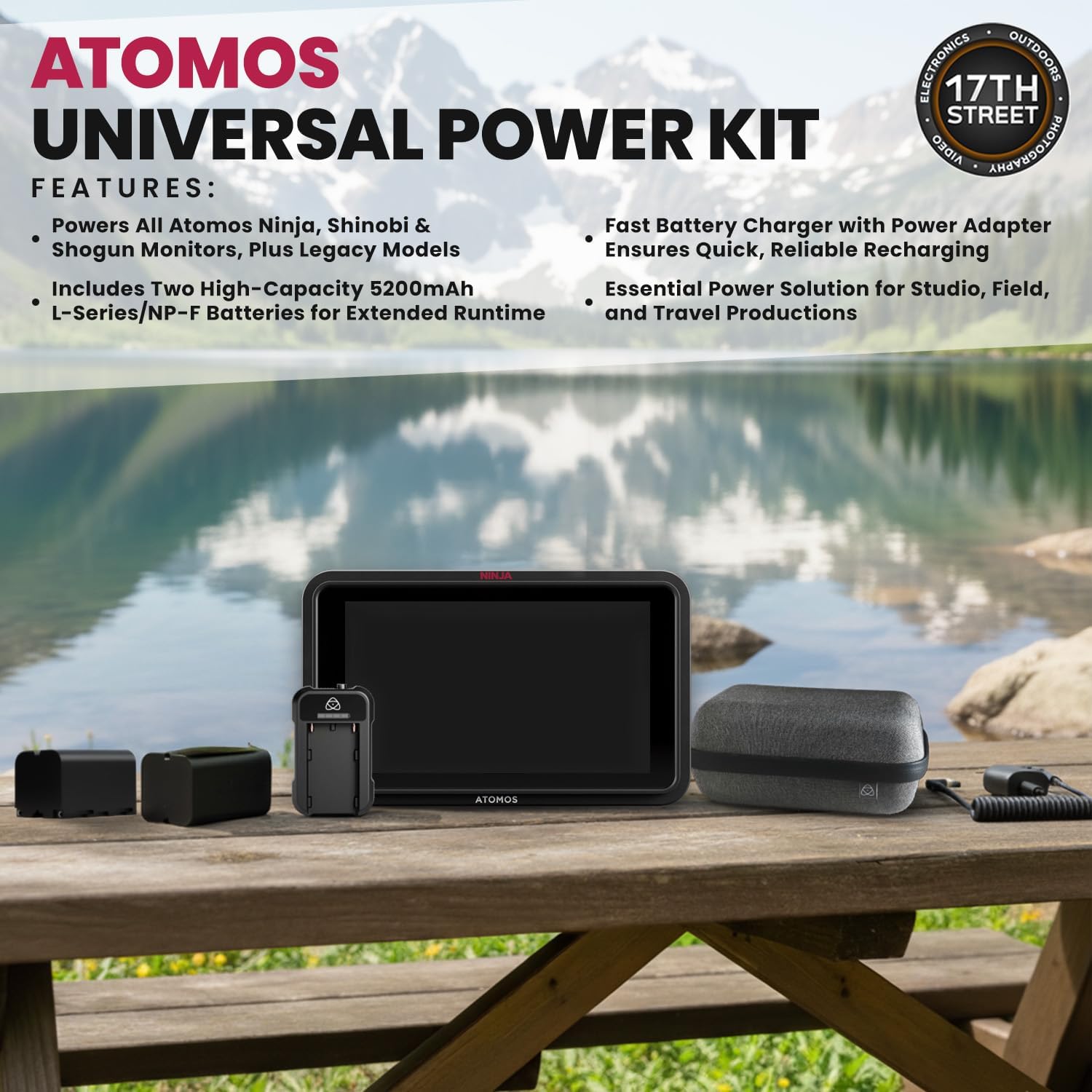 Atomos Ninja RAW Monitor/Recorder with Camera Control for HDMI & Mirrorless Cameras - 5 inch HDR Resolution with Universal Power Kit and Aluminum Alloy 1/4' Camera Hot Shoe Mount (2 Pack), Bundle Kit