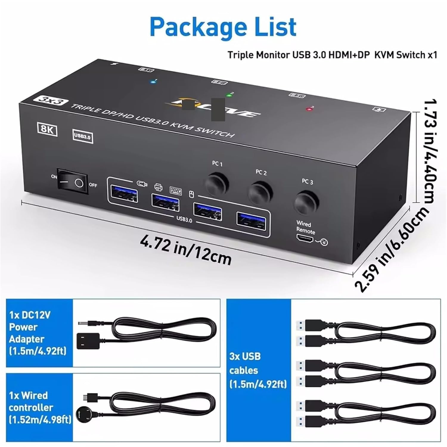KVM Switch 3 Monitors 3 Computers 8K@60Hz 4K@144Hz, HDMI+2 Displayport KVM Switch Triple Monitor for 3 Computer Share 3 Monitor(US Plug)