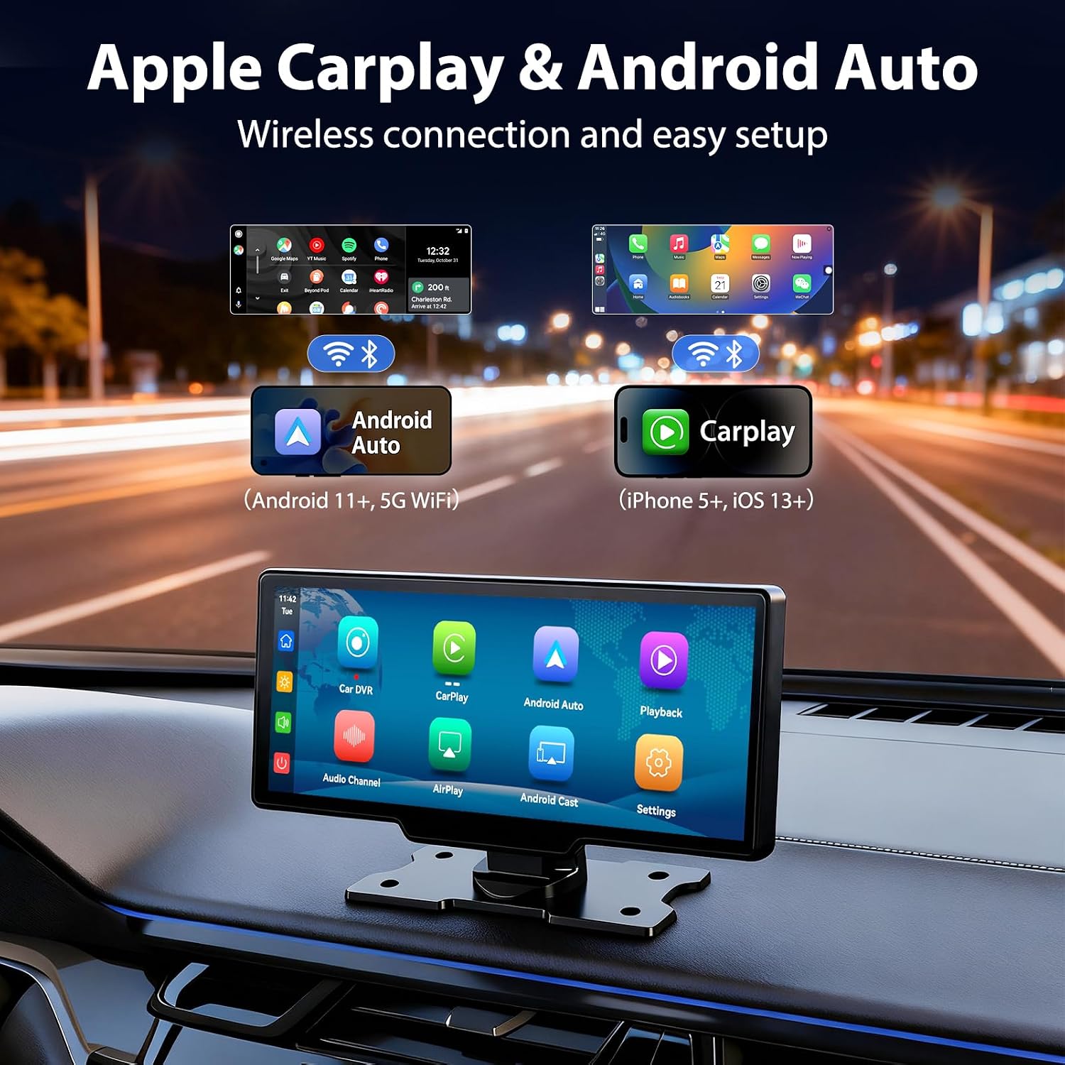 10.26' Wireless CarPlay Screen for Car: 4K Dash Cam & 1080P Backup Camera, Portable Touchscreen Car Stereo for Apple Carplay & Android Auto, GPS Navigation, Mirror Link BT FM Voice Control (ADAS)