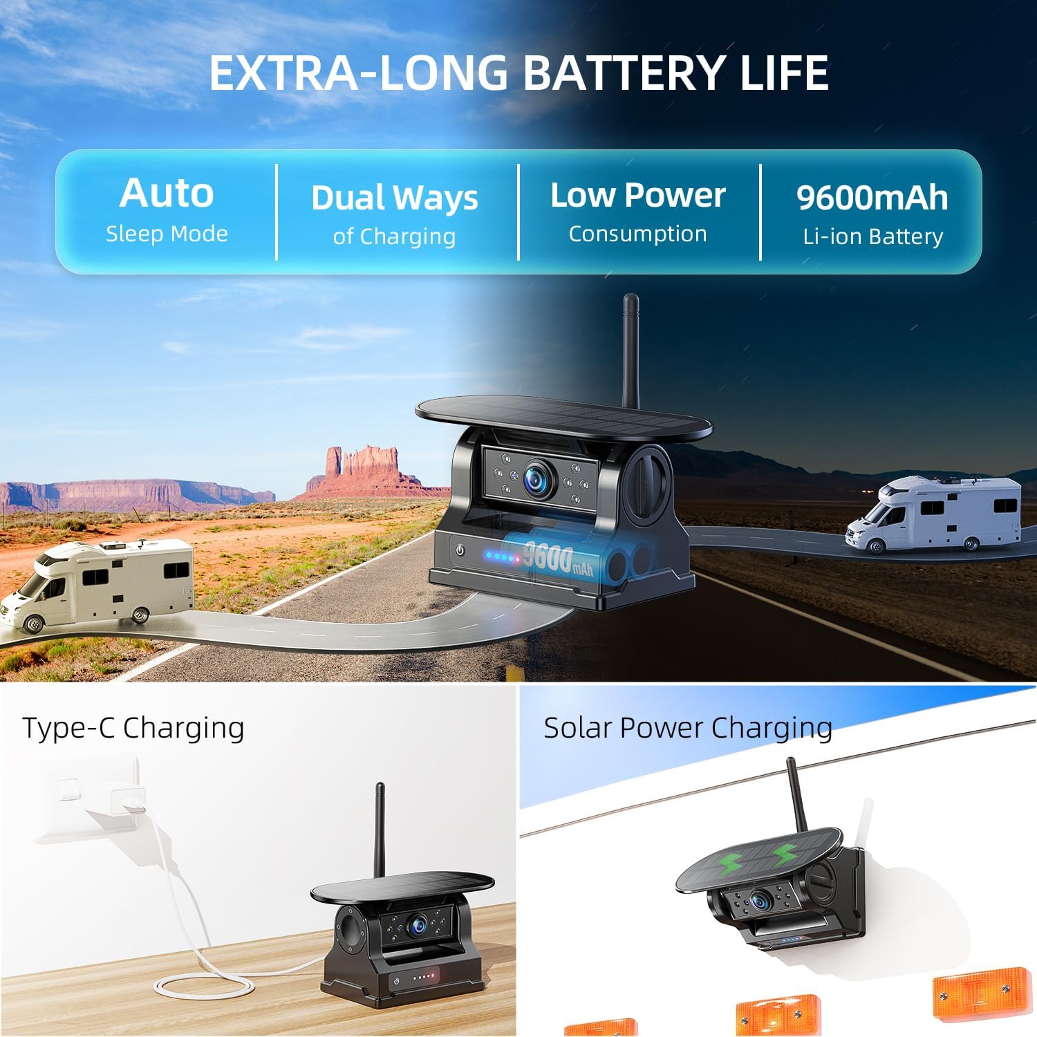 eRapta Dual Magnetic Solar Wireless Backup Cameras: HD1080P 7' Touchscreen Portable with DVR, BSD, 1-Min Install-Free IR Night Vision Hitch Backup Camera for Trailer/Truck/Small RV/Camper/Tractor
