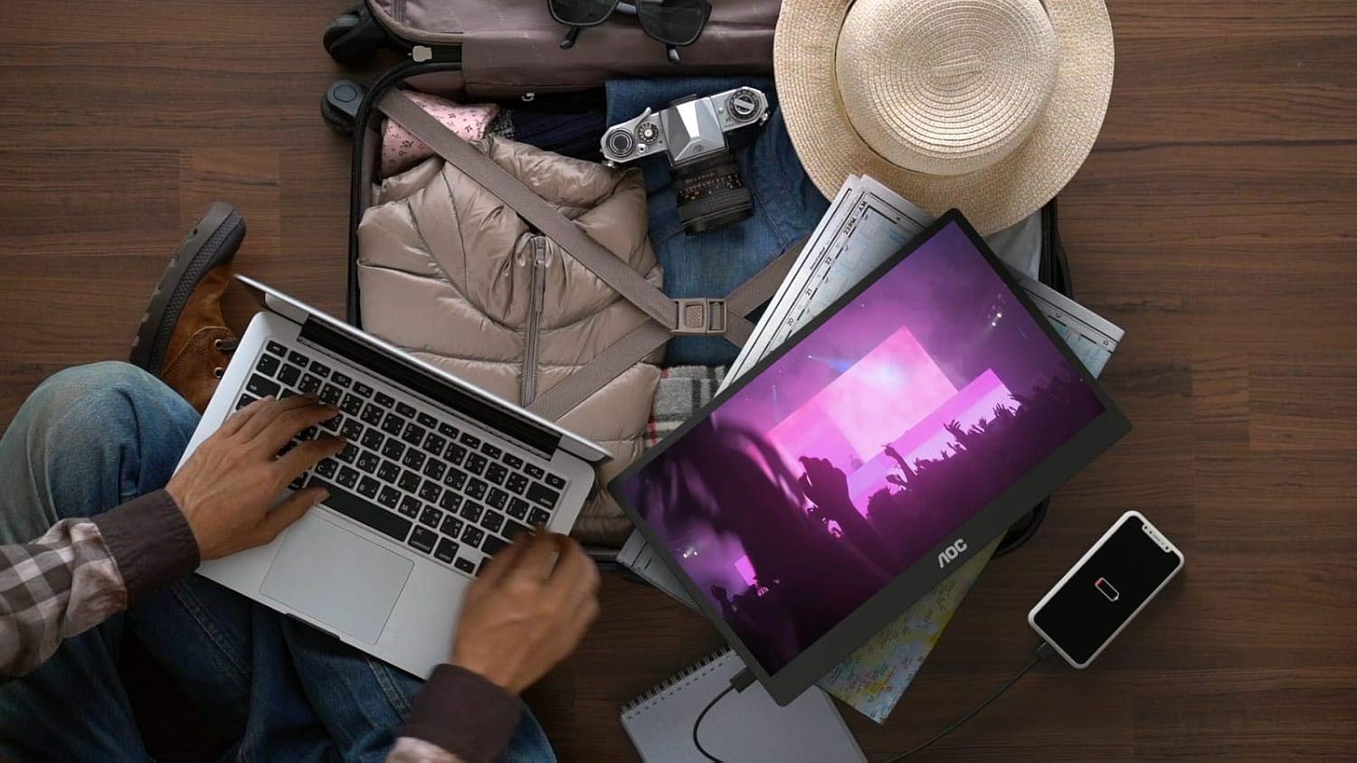AOC 16T2 15.6' Full HD (1920 x 1080) Touch-Enabled Portable IPS Monitor, USB-C and Micro HDMI inputs, Built-in Battery, Stereo Speakers, SmartCover, AutoPivot, VESA for laptops, PC, Mac, Consoles