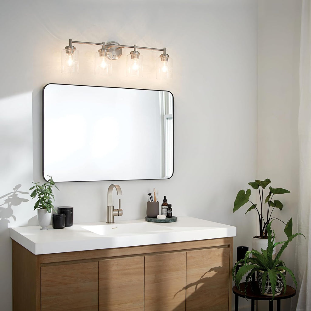 Kichler Winslow 30' Vanity Light in Brushed Nickel, 4-Light Transitional Bathroom Light with Clear Seeded Glass. (30' W x 9.25' H), 45887NI
