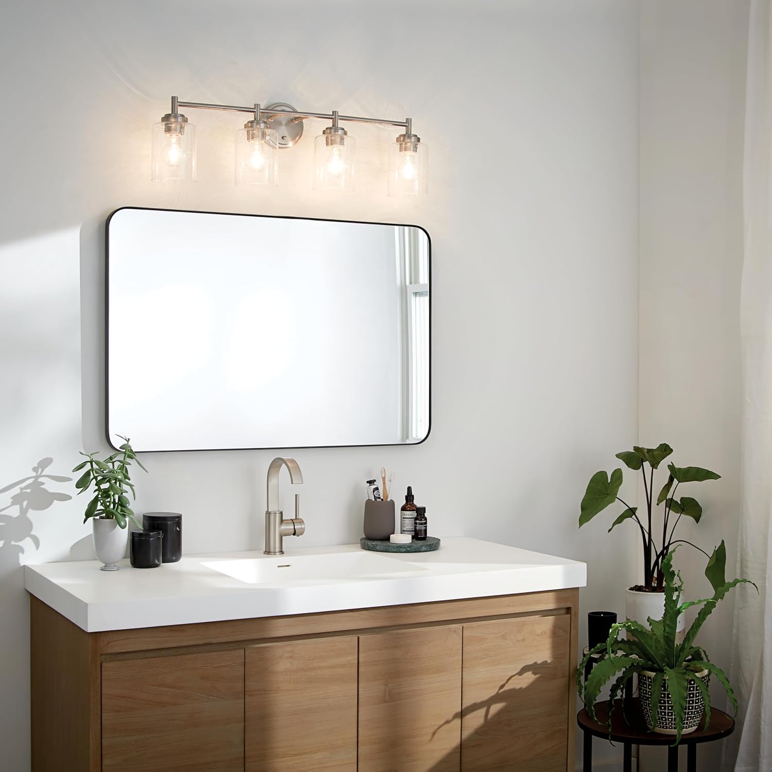 Kichler Winslow 30' Vanity Light in Brushed Nickel, 4-Light Transitional Bathroom Light with Clear Seeded Glass. (30' W x 9.25' H), 45887NI