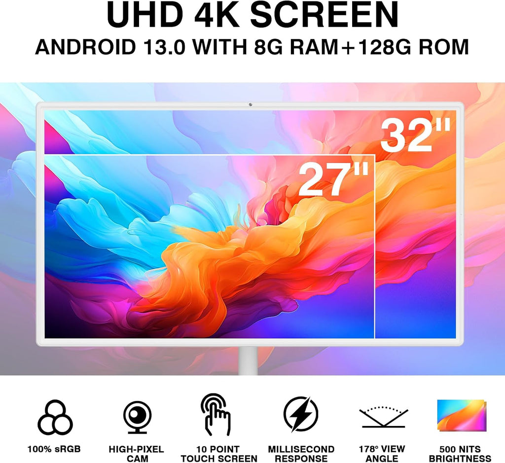 yezrow® Portable TV on Wheels, UHD 4K Portable Touch Screen Monitor, 8+128GB, Android 13 (Support Google Play Store), Built-in Battery(5-8H), Full Swivel Rotation, Voice Remote Control (32 inches Pro)