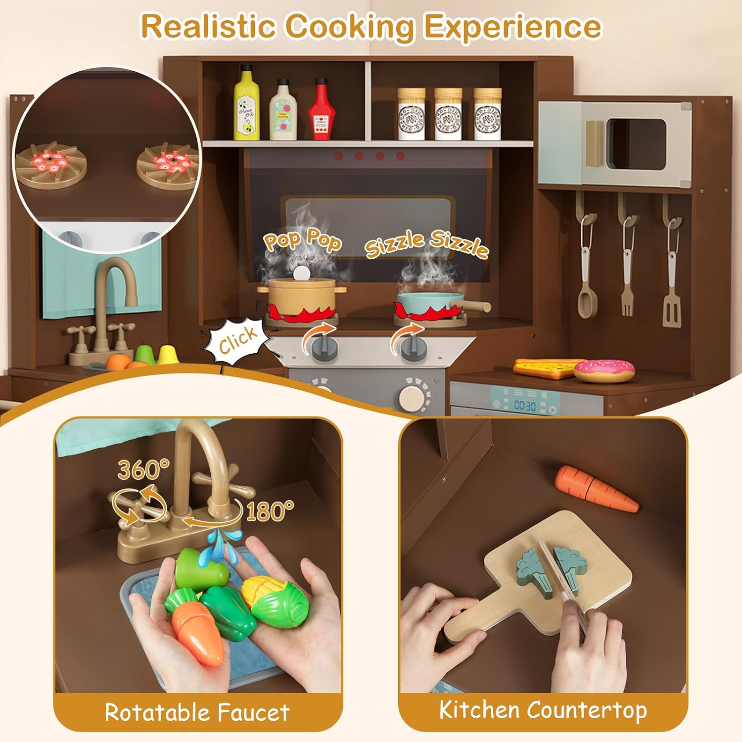 GLACER Corner Wooden Play Kitchen with Real Lights & Sounds, Pretend Kids Kitchen Playset with Trash Bin, Accessories, Dishwasher, Microwave Oven, Cooking Play Set for Toddlers Ages 3+ (Coffee)