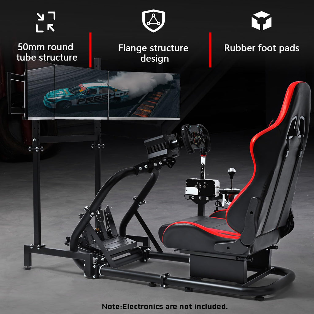 Dardoo Racing Simulator Cockpit with Triple Monitor Stand and Red Seat Fit for Logitech/Thrustmaster/Fanatec T500RS TX G29 G920 G923 CSL-DD, No Steering Wheel,Pedal,Handbrake
