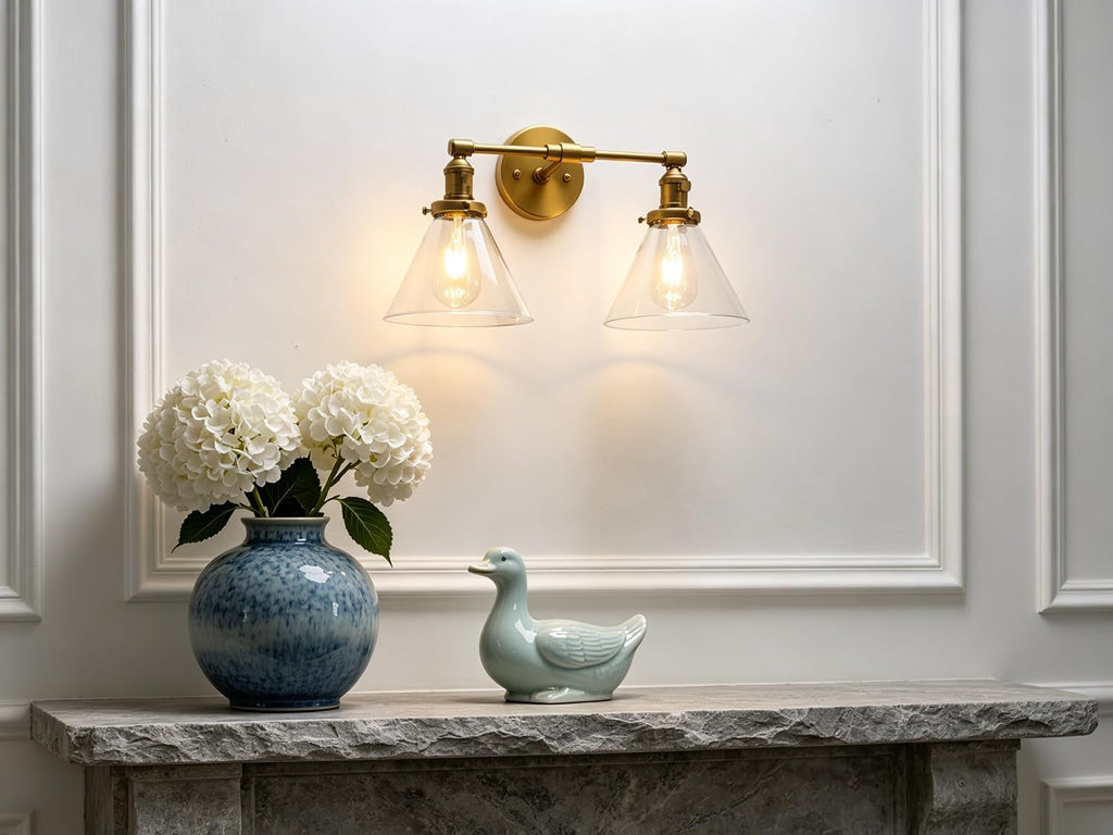 Phansthy Double Sconce Antique Industrial Wall Sconce Light with Dual 7.3 Inch Cone Canopy (Antique)
