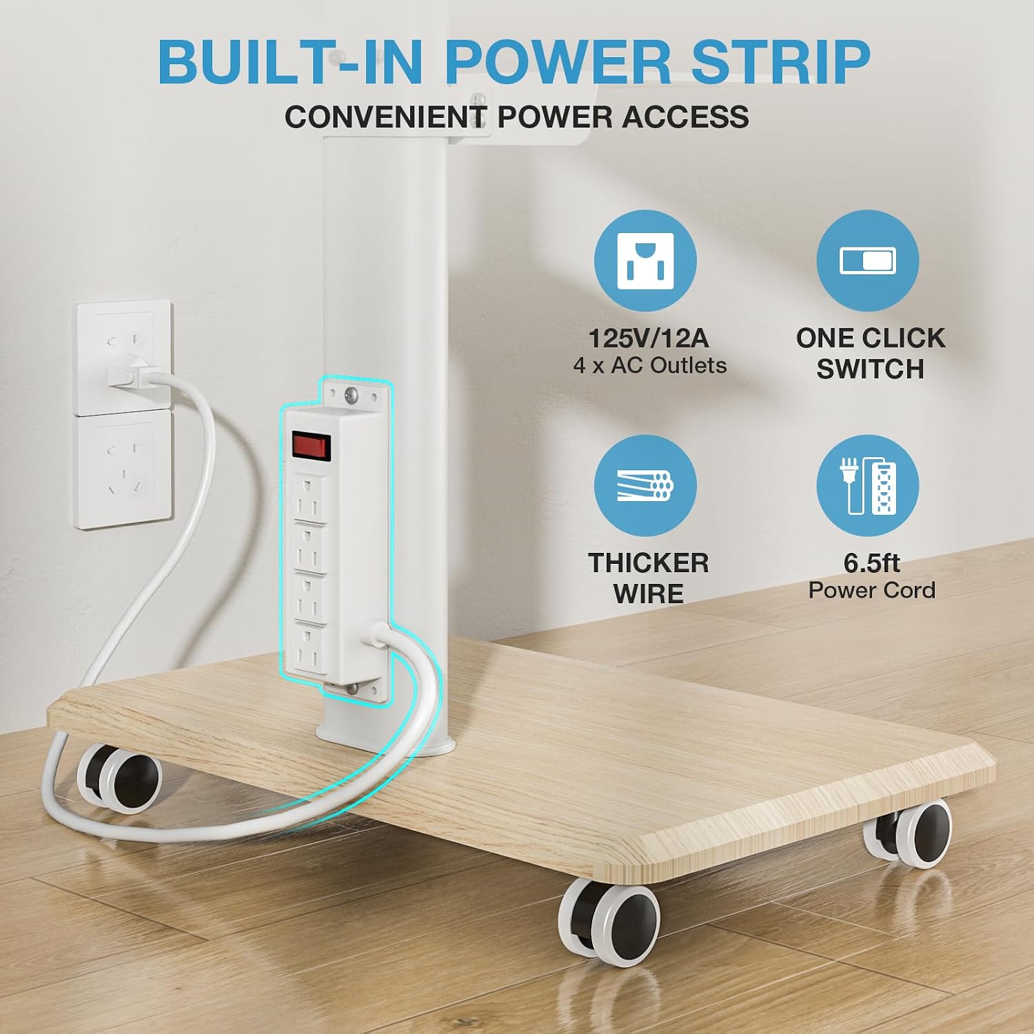 YOMT Rolling TV Stand with Power Outlet, Swivel Portable TV Stand for 32-70 inch TVs up to 88 lbs, Height Adjustable Mobile TV Cart with Wood Base for Optimal Viewing, White