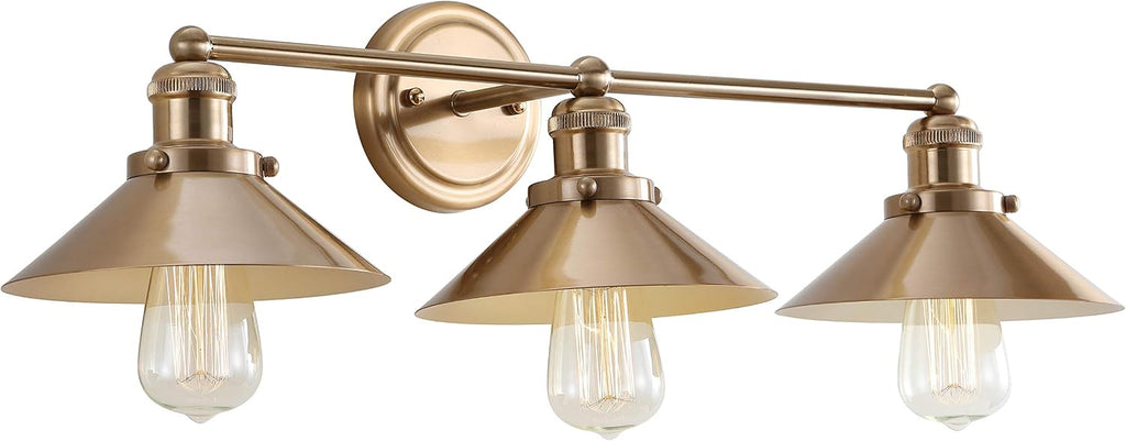 JONATHAN Y 26.5' Brass Gold 3-Light Industrial Farmhouse Metal Vanity Light Wall Sconce, Metal Shade for Bathroom Mirror, Kitchen, Entryway, LED Bulb Included (JYL7431A)