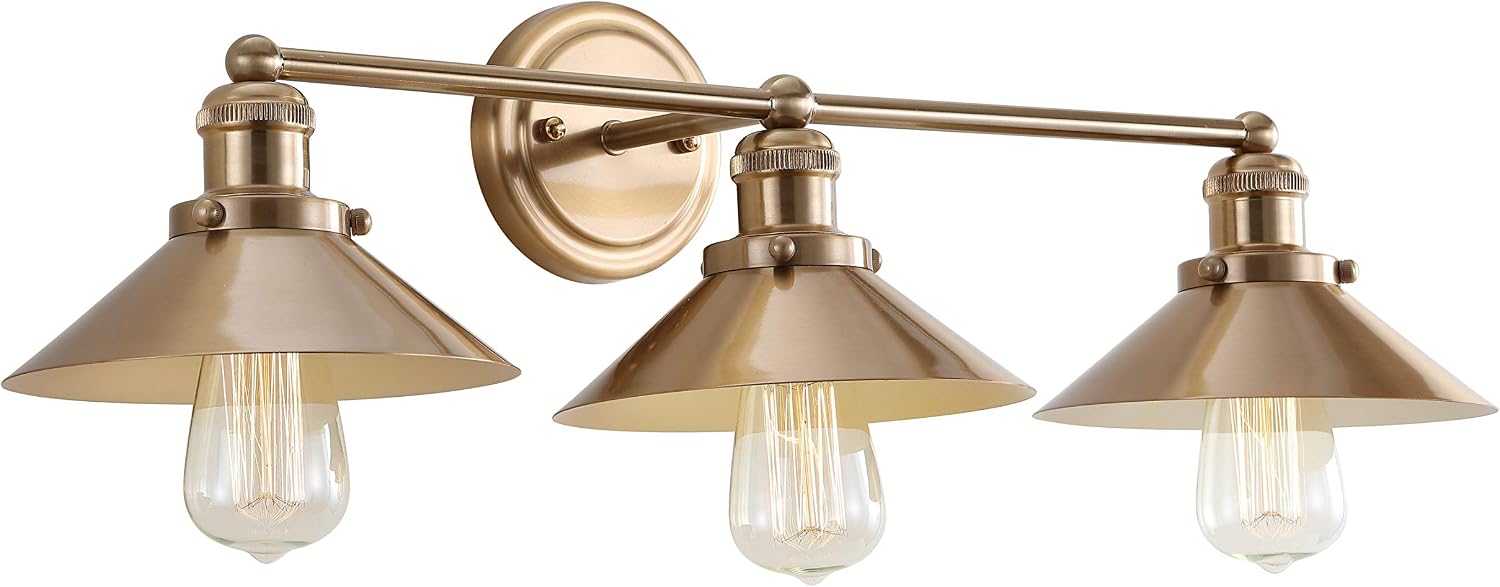 JONATHAN Y 26.5' Brass Gold 3-Light Industrial Farmhouse Metal Vanity Light Wall Sconce, Metal Shade for Bathroom Mirror, Kitchen, Entryway, LED Bulb Included (JYL7431A)