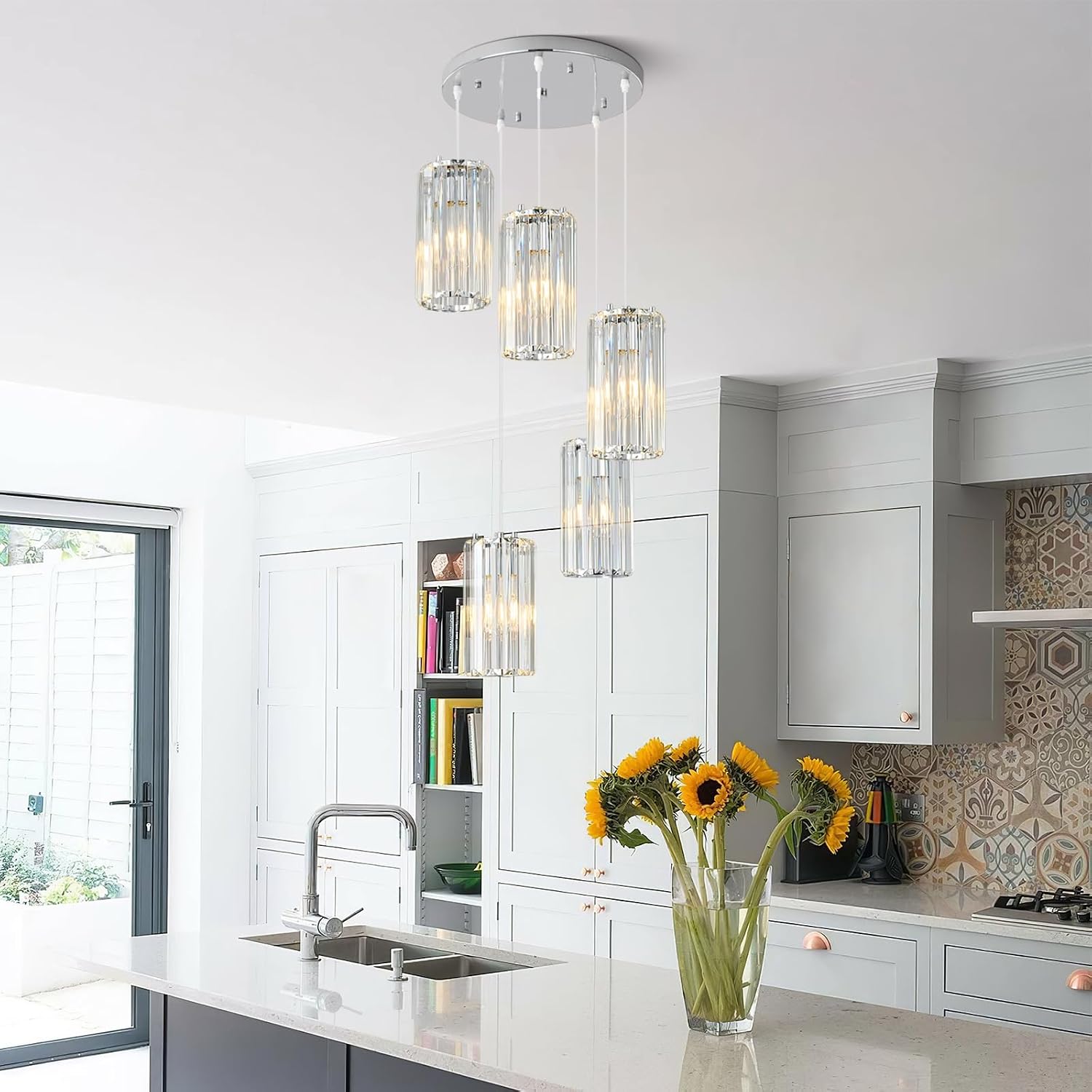 Chrome Pendant Lighting Modern Pendant Light, Mini Crystal Chandeliers,Adjustable Pendant Light Fixture for Kitchen Island Dinning Room Corridor Bedroom(Chrome 5-Light)
