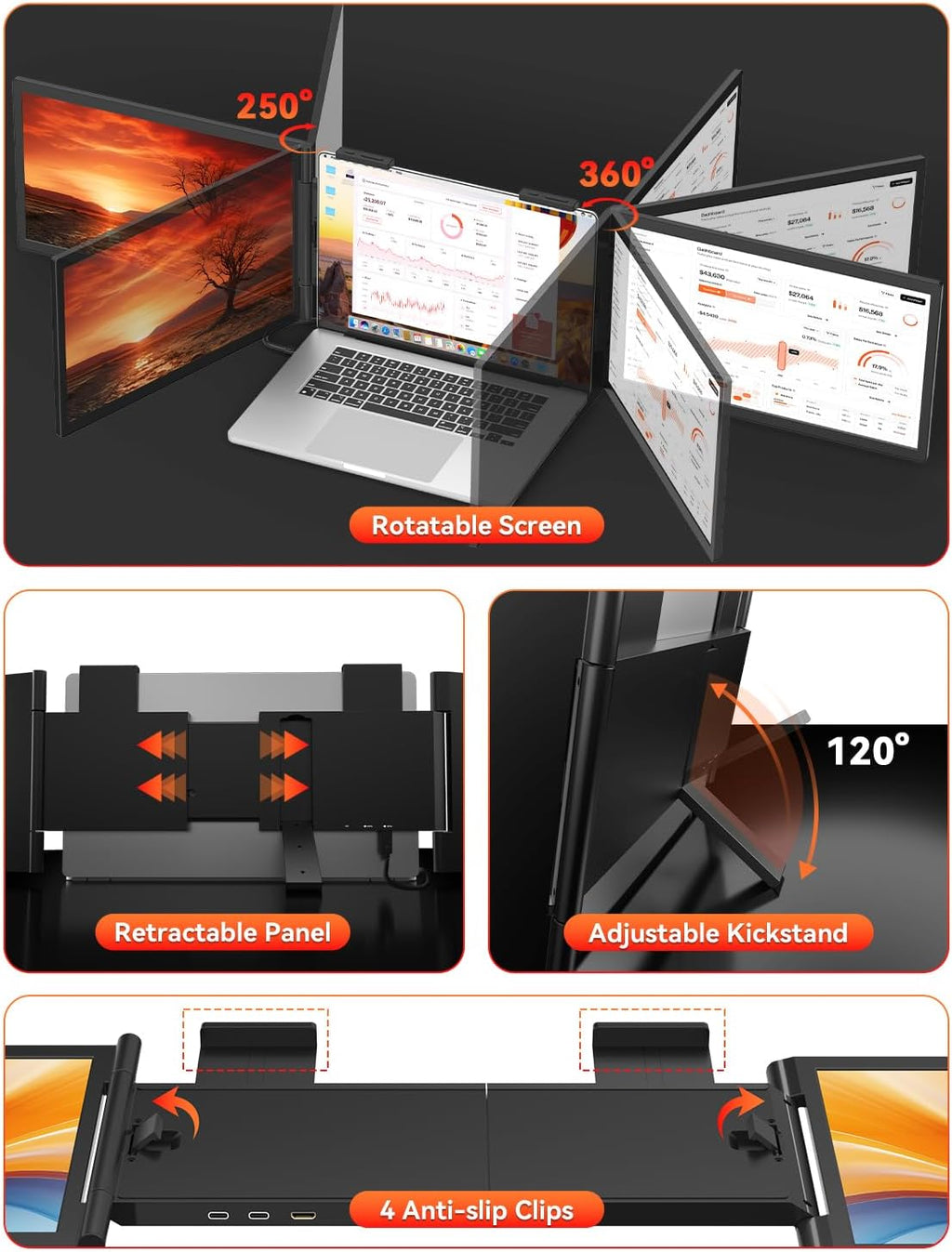 HotYeah Laptop Screen Extender, One Cable Connection (Windows & Mac), 14' 1080P Dual Portable Monitor, USB-C HDMI Wireless Travel Extended Display Triple Screen Monitor for 12-16.5' Laptop