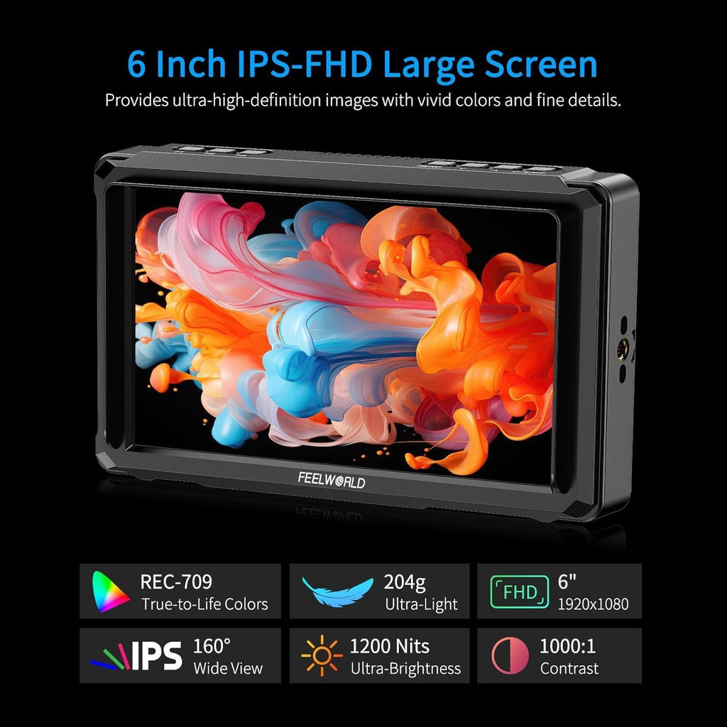 FEELWORLD FW568 PRO +F750 Battery +Carry Case 6 Inch 1200nit DSLR Camera Field Monitor with 3D LUTs 1920x1080 IPS 4K 60Hz HDMI in Output Waveform Monitoring Lightweight