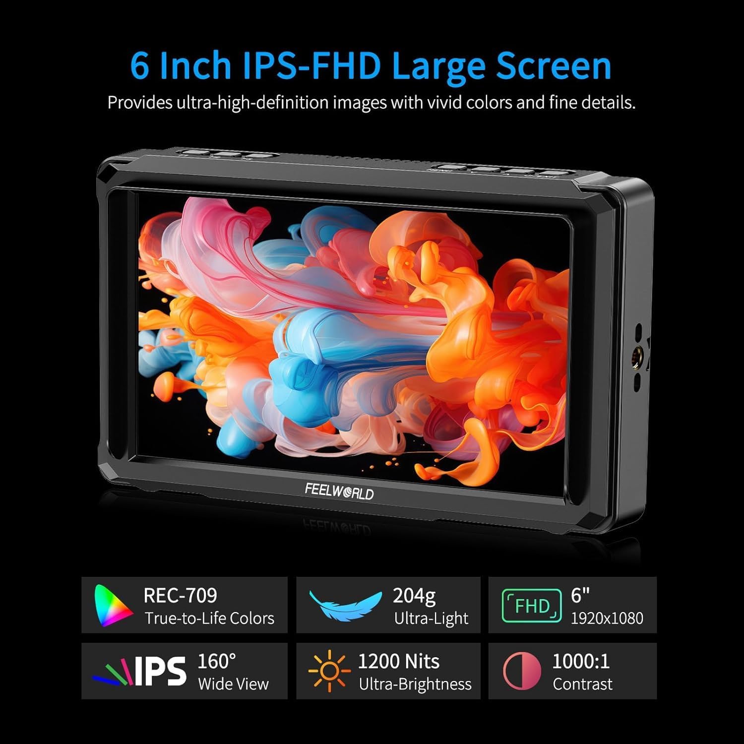 FEELWORLD FW568 PRO +F750 Battery +Carry Case 6 Inch 1200nit DSLR Camera Field Monitor with 3D LUTs 1920x1080 IPS 4K 60Hz HDMI in Output Waveform Monitoring Lightweight