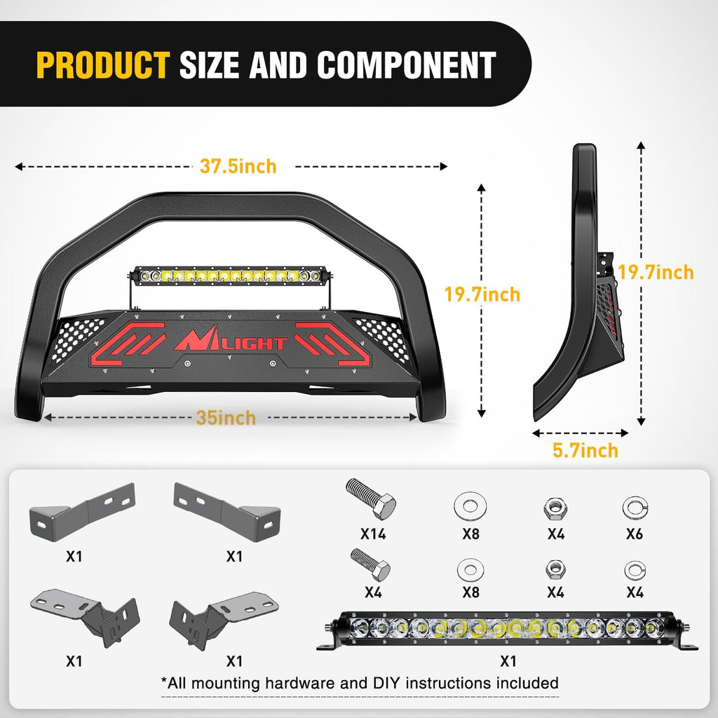 Nilight Bull Bar with Light fits 2003-2008 Honda Pilot, 2006-2015 Honda Ridgeline, 2001-2006 Acura MDX Front Bumper Grille Brush Push Guard with Skid Plate Licence Plate Hole Black